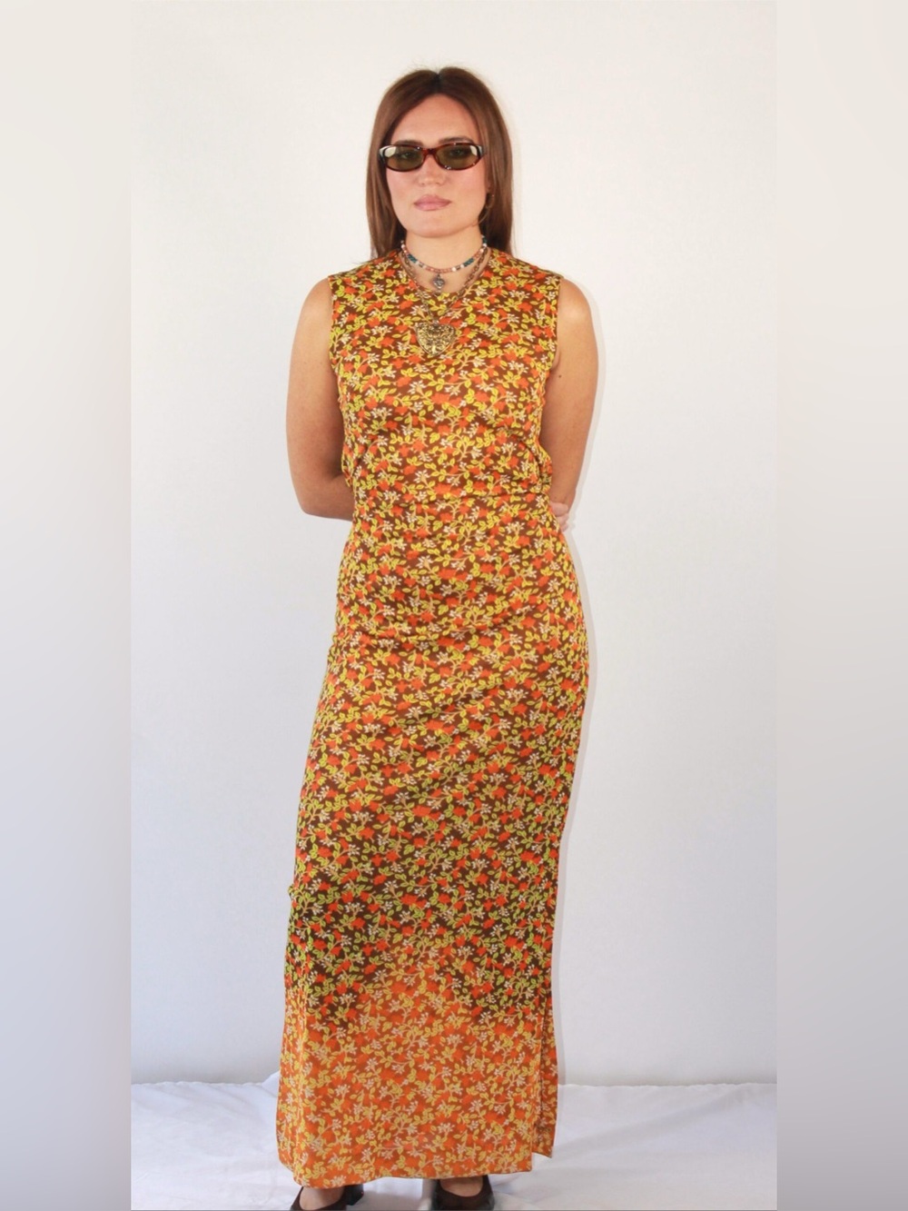 70’s Sleeveless Floral Maxi Dress in Orange and Yellow